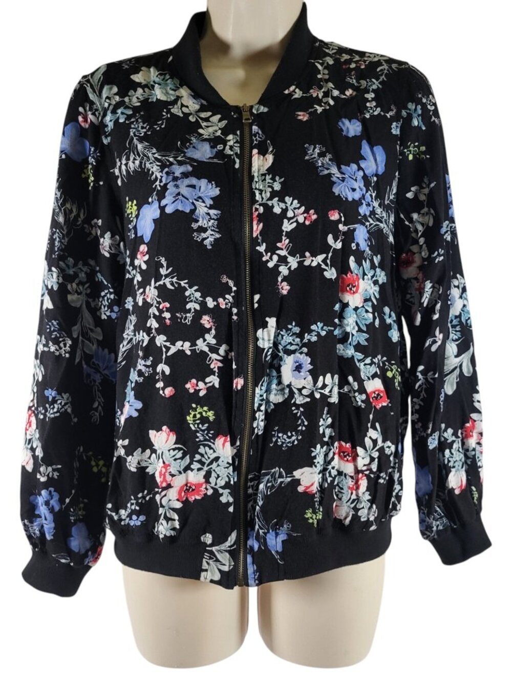 Cynthia Rowley Floral Bomber Jacket Womens Small Black Rayon Zip Front